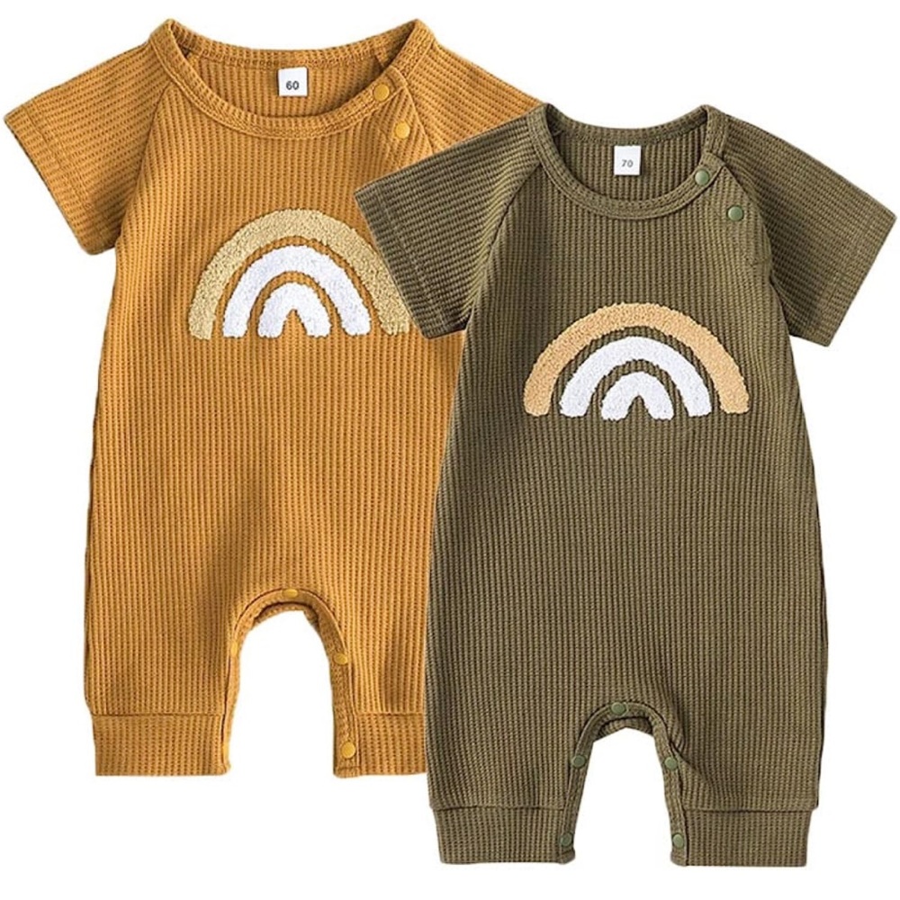 2 short sleeve rainbow embroidered rompers. 3-6 months. Never worn.
